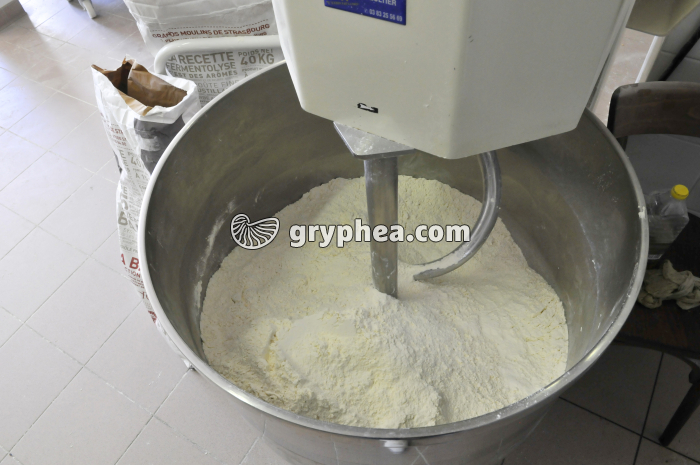 Fabrication du pain - Farine dans le pétrin avant le début du pétrissage - gryphea.com